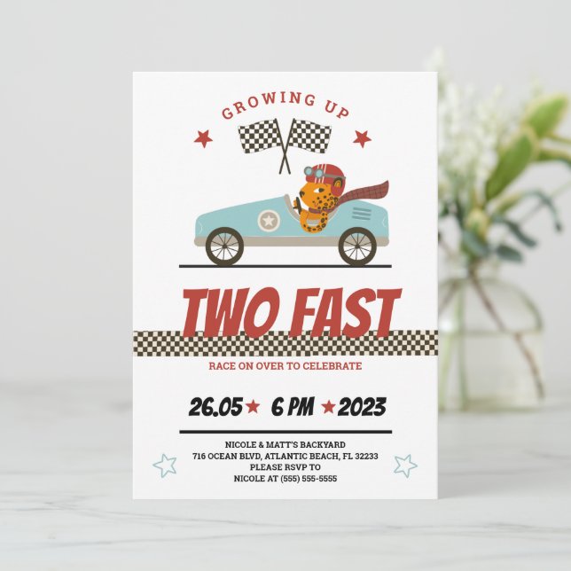 Two Fast Race Car Birthday Invitation (Standing Front)