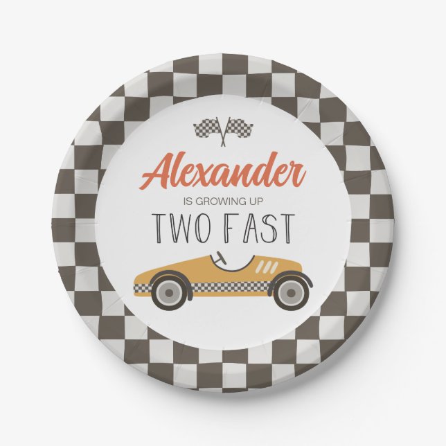 Two Fast Race Car Birthday Paper Plates (Front)
