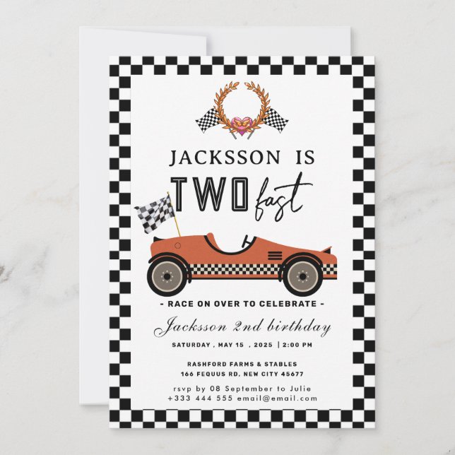 Two Fast Race Car Birthday Party  Invitation (Front)