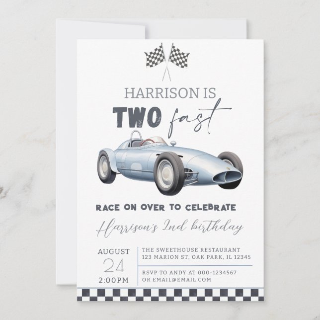 Two Fast Race Car Boy 2nd Birthday Invitation (Front)