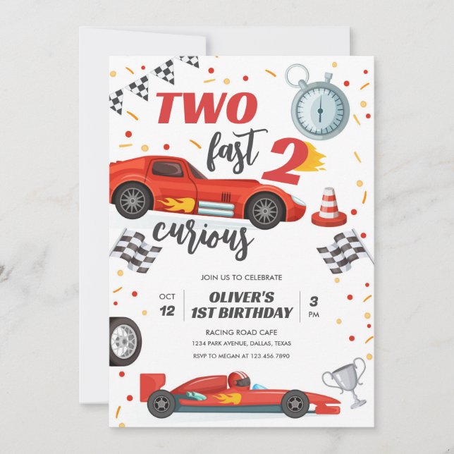 Two Fast Race Car Boy 2nd Birthday Invitation (Front)