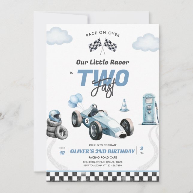 Two Fast Race Car Boy 2nd Birthday Invitation (Front)