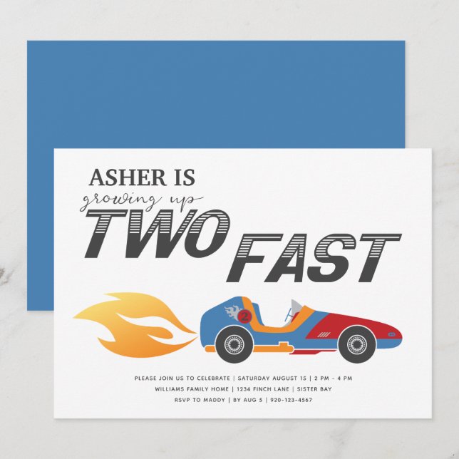 Two Fast Race Car Boy 2nd Birthday Invitation (Front/Back)