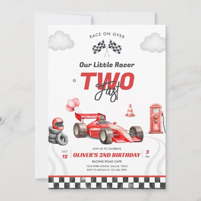 Two Fast Race Car Boy 2nd Birthday Invitation (Front)