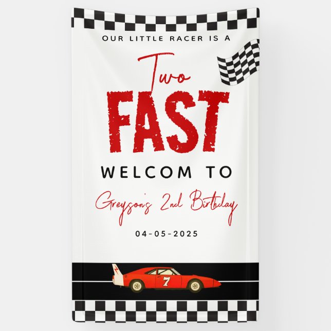 Two Fast Race Car Boy 2nd Birthday Party Banner (Vertical)