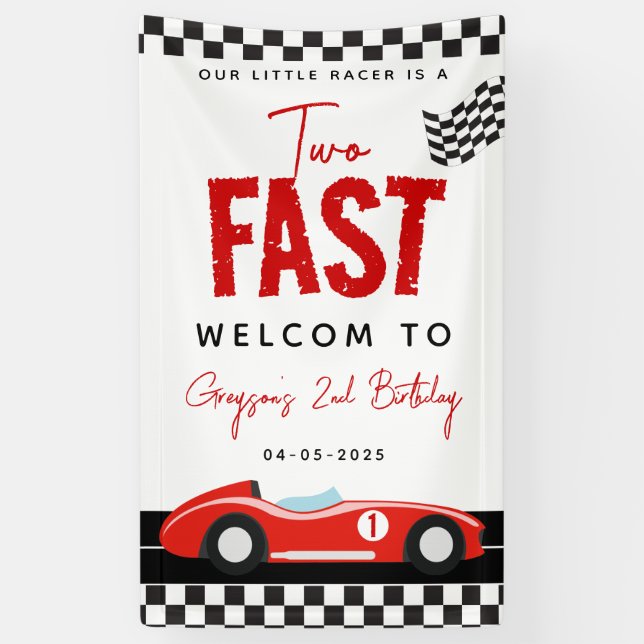 Two Fast Race Car Boy 2nd Birthday Party Banner (Vertical)