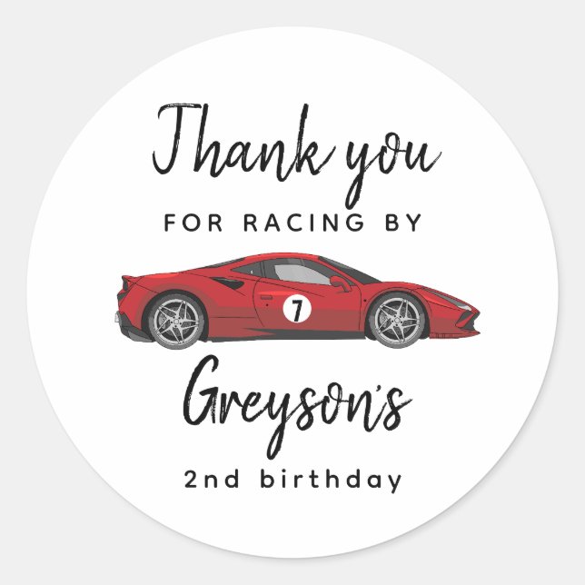 Two Fast Race Car Boy 2nd Birthday Party Classic Round Sticker (Front)