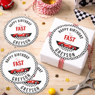 Two Fast Race Car Boy 2nd Birthday Party Classic Round Sticker