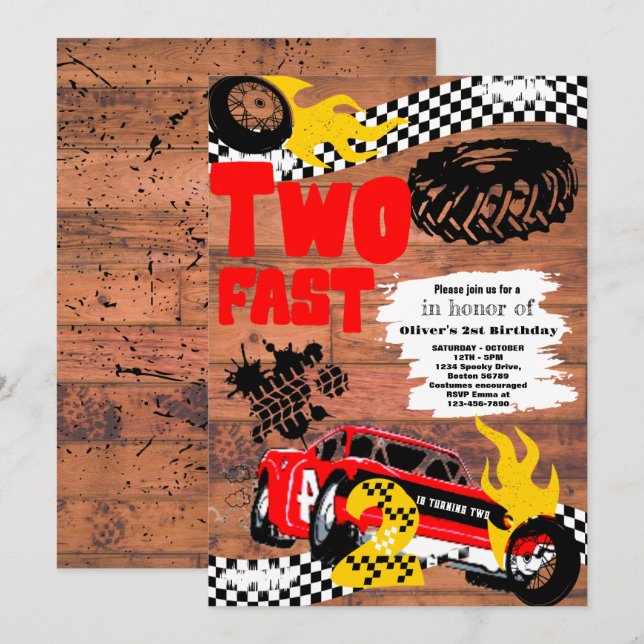 Two Fast Race Car Boy 2nd Birthday Party  Invitati Invitation (Front/Back)