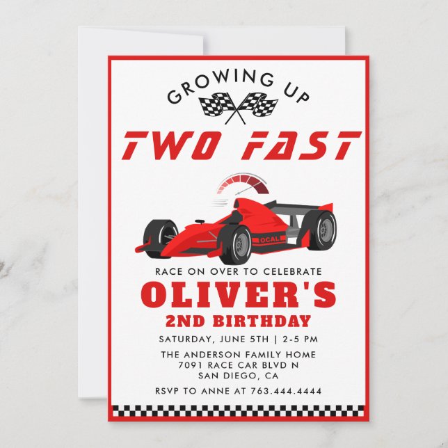 Two Fast Race Car Boy 2nd Birthday Party  Invitation (Front)