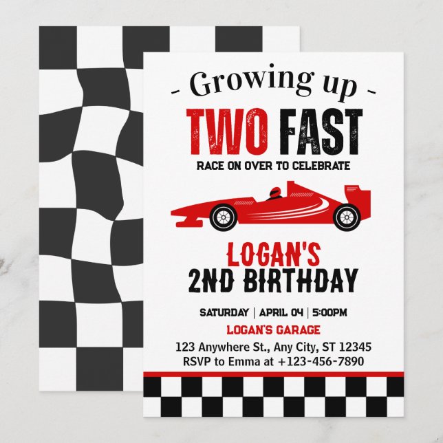 Two Fast Race Car Boy 2nd Birthday Party Invitation (Front/Back)