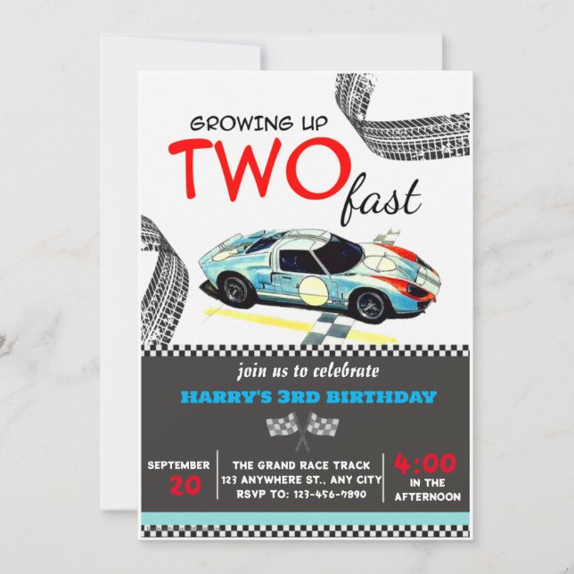 Two Fast Race Car Boy 2nd Birthday Party  Invitation (Front)