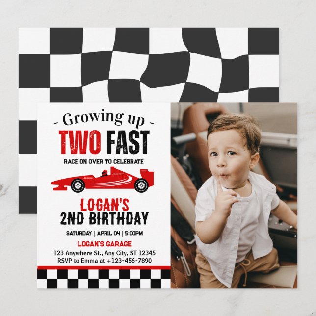 Two Fast Race Car Boy 2nd Birthday Party Photo Invitation (Front/Back)