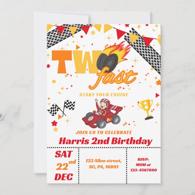 Two Fast Race Car Boy Birthday Party Invitation (Front)