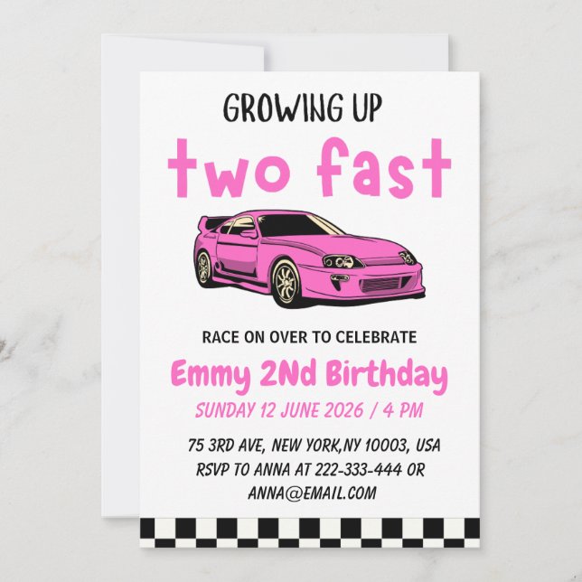 Two Fast Race Car Girl 2nd Birthday Party Invitation (Front)