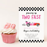 Two Fast Race Car Girl 2nd Birthday Party Invitation<br><div class="desc">Cute race car theme kid's 2nd birthday party invitation card featuring illustration of a pink vintage car with flames. The text says "growing up two fast.</div>