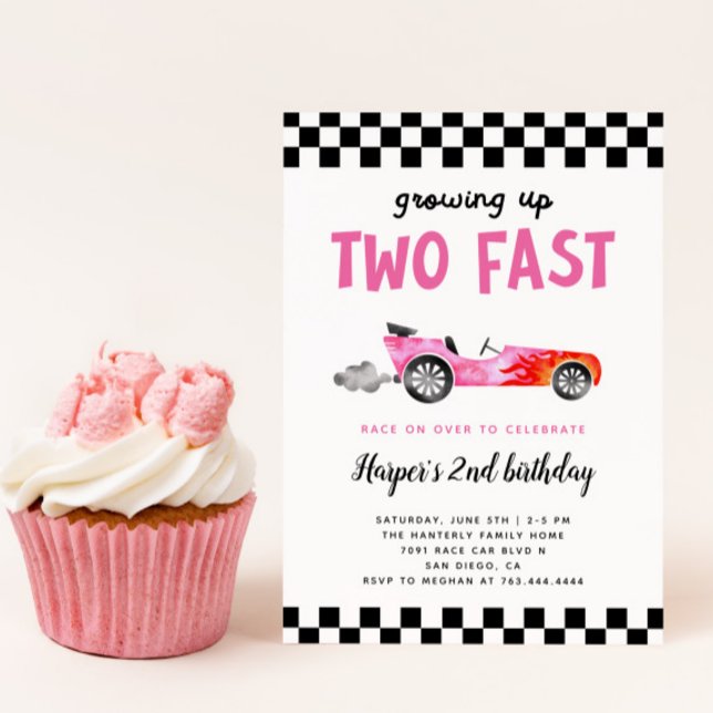 Two Fast Race Car Girl 2nd Birthday Party Invitation (Creator Uploaded)