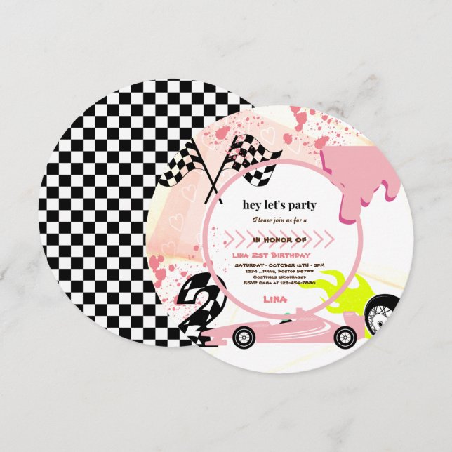 Two Fast Race Car girls  2nd Birthday Party  Invitation (Front/Back)