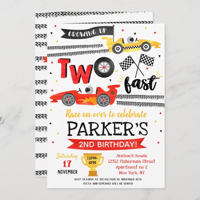 Two Fast Race Car Racing 2nd Birthday Invitation (Front/Back)
