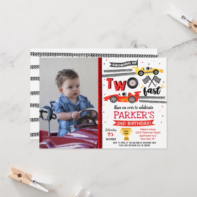 Two Fast Race Car Racing 2nd Birthday Invitations (Front/Back In Situ)