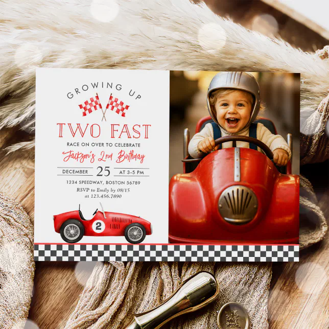 Two Fast Race Car Racing Boy 2nd Birthday Photo Invitation | Zazzle