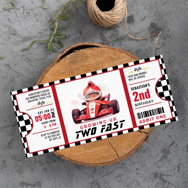 Two Fast Race Car Ticket Pass Second Birthday Invi Invitation (Creator Uploaded)