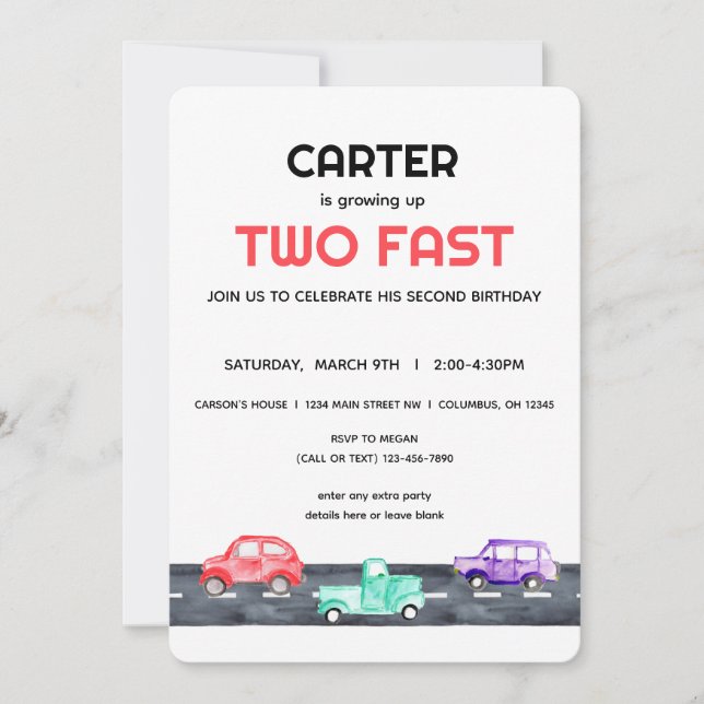 Two Fast Race Car Truck 2nd Birthday Boy Invitation (Front)
