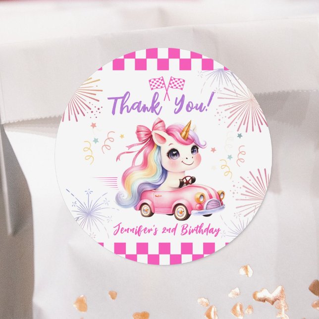 Two Fast Race Pink Car Girl 2nd Birthday Party Classic Round Sticker (Creator Uploaded)