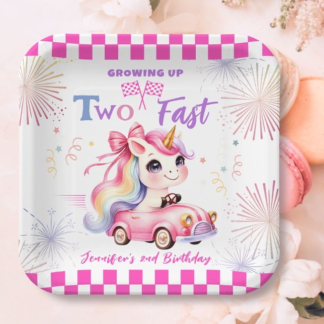 Two Fast Race Pink Car Girl 2nd Birthday Party Paper Plate (Creator Uploaded)