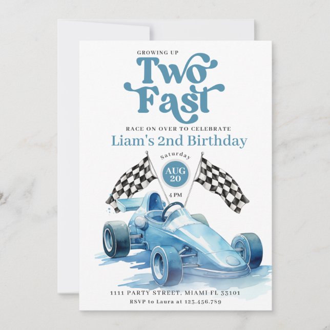 Two Fast Racing Boy Blue Race Car Birthday Party Invitation (Front)