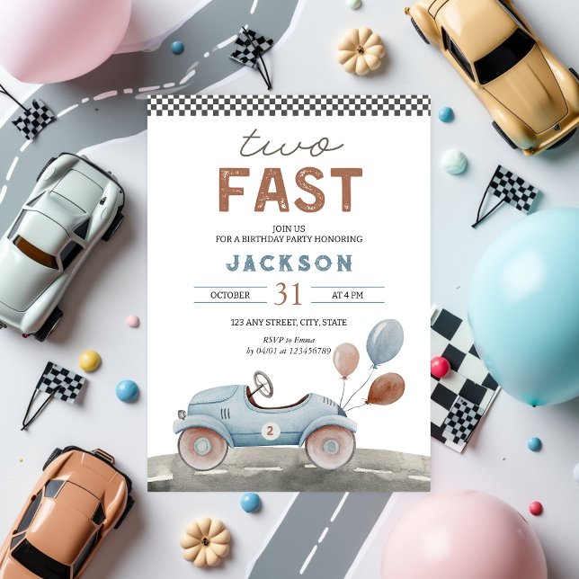 TWO Fast Racing Car Blue Boy 2nd Birthday Invitation (Two Fast 2 Curious Birthday invitation for 2nd birthday inspired by racing cars)