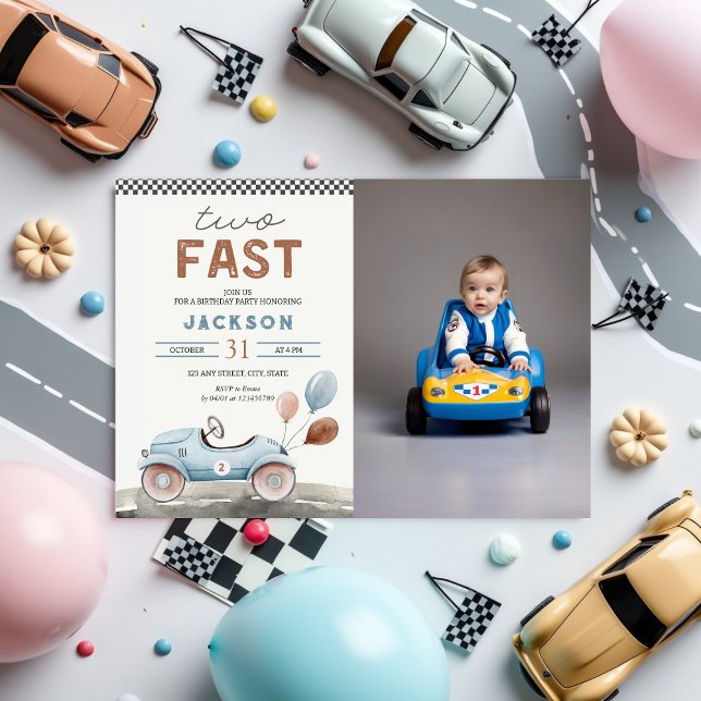 TWO Fast Racing Car Blue Boy 2nd Birthday Photo Invitation (Two Fast 2 Curious 2nd Birthday Invitation with Photo, Racing Car Boy)