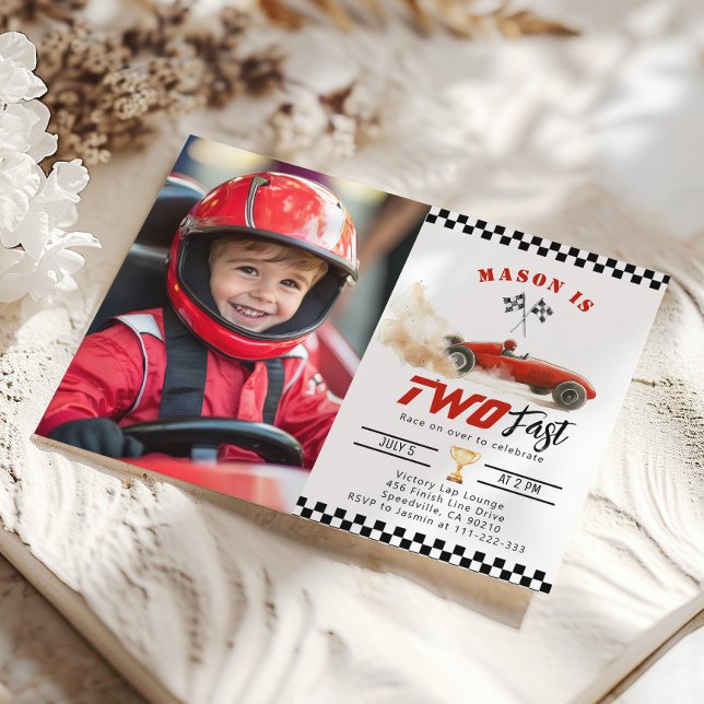 Two Fast Red Photo Race car Boy 2nd Birthday Invitation (Creator Uploaded)