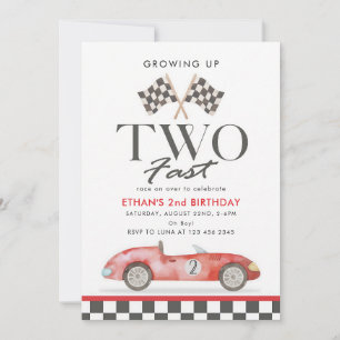 Two Fast Red Race Car 2nd Birthday Invitation