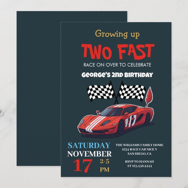 Two Fast Red Race Car 2nd Birthday Party Invitation (Front/Back)