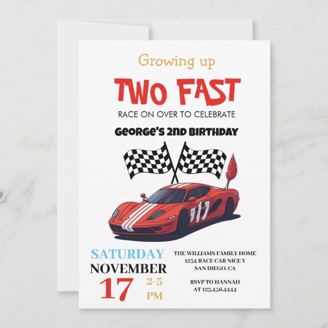 Two Fast Red Race Car 2nd Birthday Party White Invitation (Front)