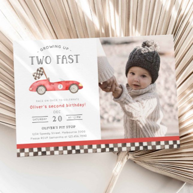 Two Fast Red Race Car 2nd Birthday Photo Invitation (Creator Uploaded)