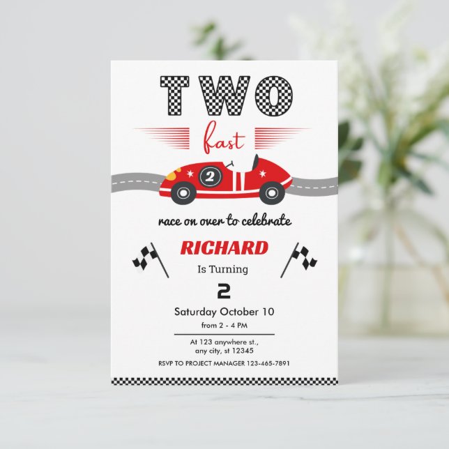 Two Fast Red Race Car 2nd Birthday °Race Invitation (Standing Front)