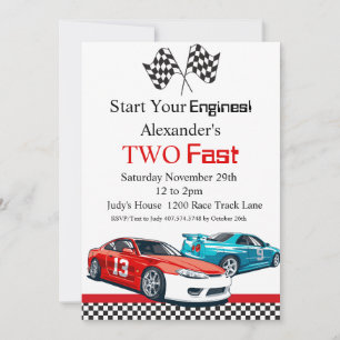Two Fast Red Race Car Birthday Invitation
