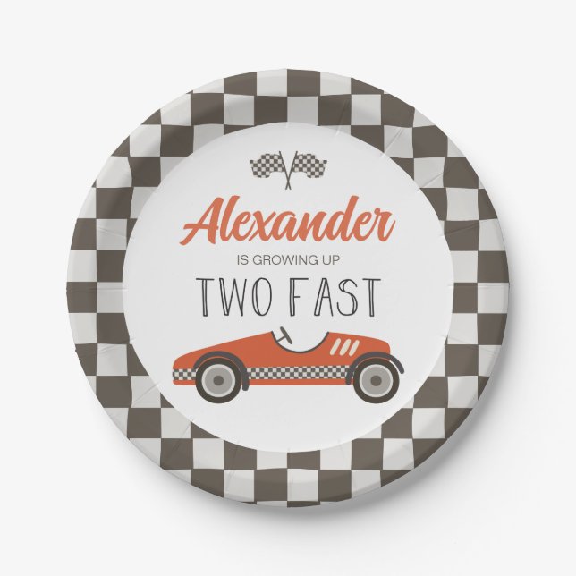 Two Fast red Race Car Birthday Paper Plates (Front)