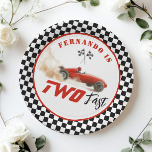 Two Fast Red race car Boy 2nd Birthday Balloon Paper Plate