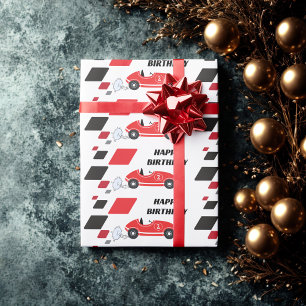Two fast red retro race car chequered  racing wrapping paper