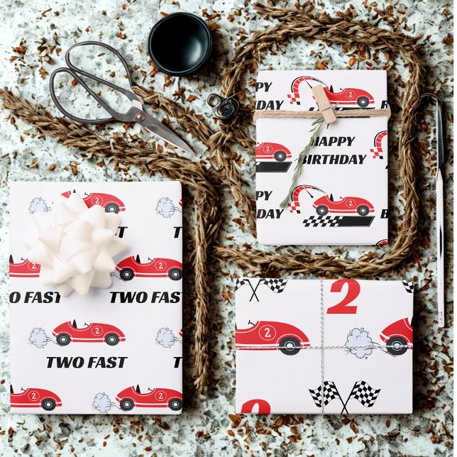 Two fast red retro race car racing theme birthday  wrapping paper sheet (Creator Uploaded)