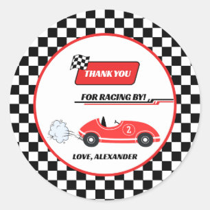 Two fast red retro race car theme boy's birthday  classic round sticker