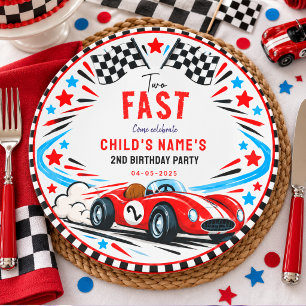 Two Fast Red Vintage Race Car 2nd Birthday Classic Round Sticker
