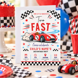 Two Fast Red Vintage Race Car 2nd Birthday Invitation