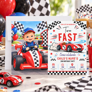 Two Fast Red Vintage Race Car 2nd Birthday photo Invitation
