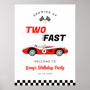 Two Fast Red Vintage Race Car Birthday Welcome Poster