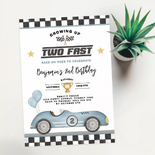 Two Fast Retro Blue Race Car Boy 2nd Birthday Invitation