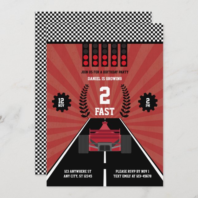 Two Fast Second Birthday Theme Boy Racing Formula Invitation (Front/Back)